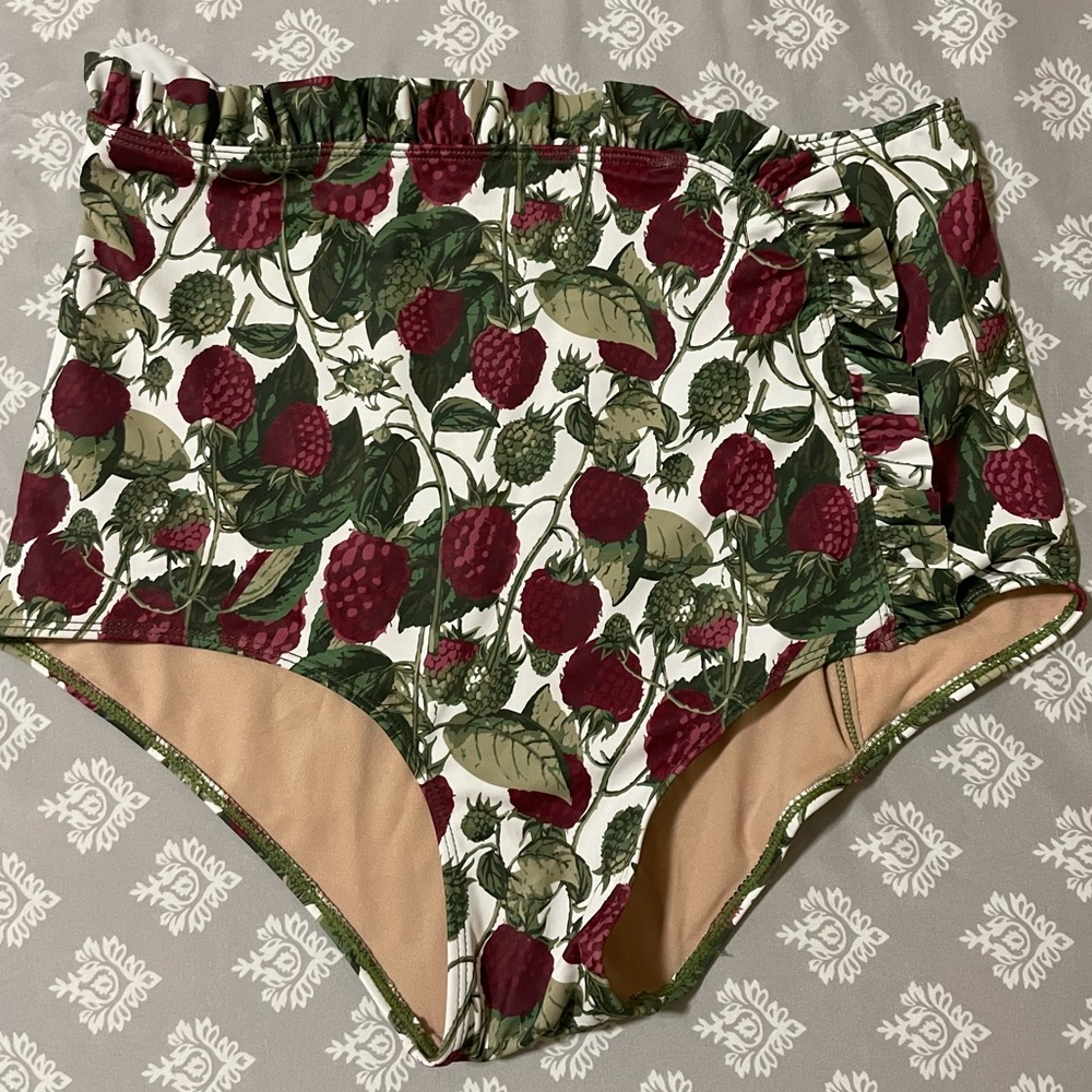Kortnie Jeane swim bottoms with ruffles in raspberry print. Size medium.